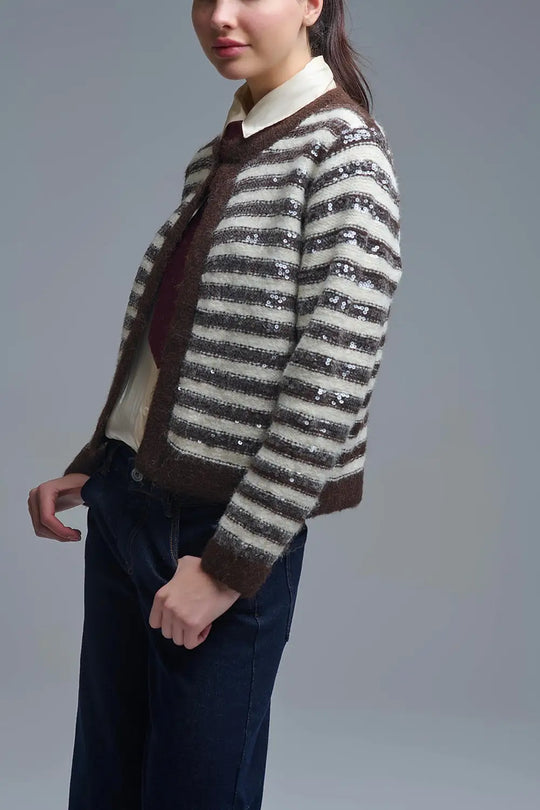 Sequin Detail Stripe Cardigan in Brown and Cream - One Size / Brown - Sweaters