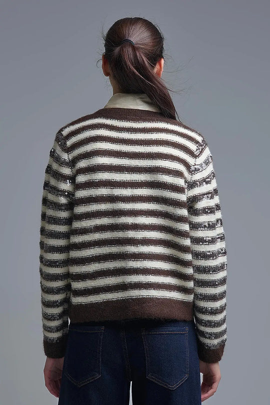 Sequin Detail Stripe Cardigan in Brown and Cream - One Size / Brown - Sweaters