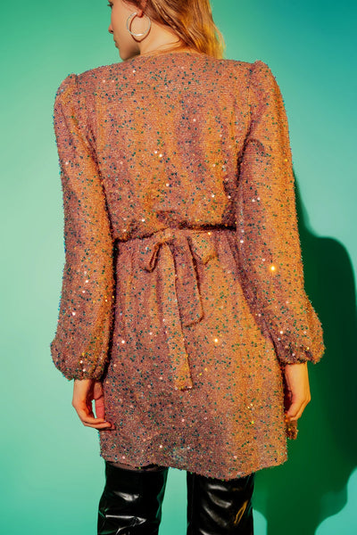 Sequin wrap mini dress in powder pink