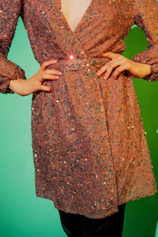 Sequin wrap mini dress in powder pink - Dresses