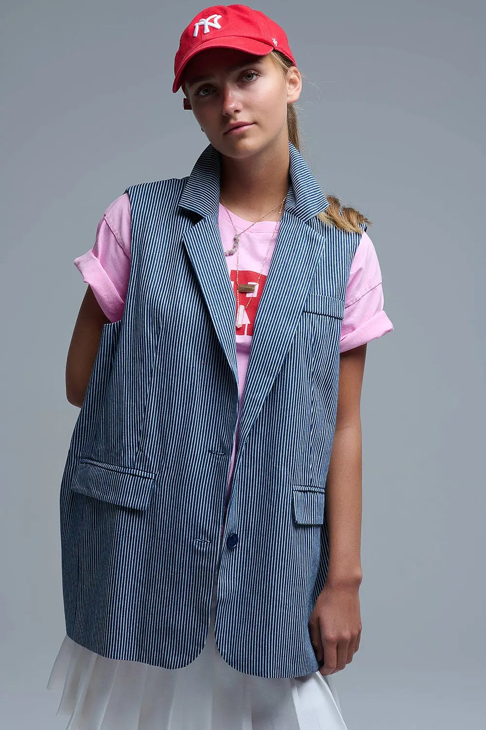 Q2 Shawl Collar Long Striped Vest in Blue and White