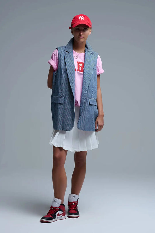 Shawl Collar Long Striped Vest in Blue and White - One Size / Blue - Coats and Jackets