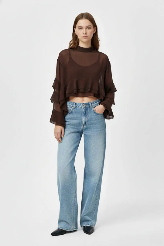 Sheer Cape-style Brown Blouse in chiffon With Ruffles - Tops