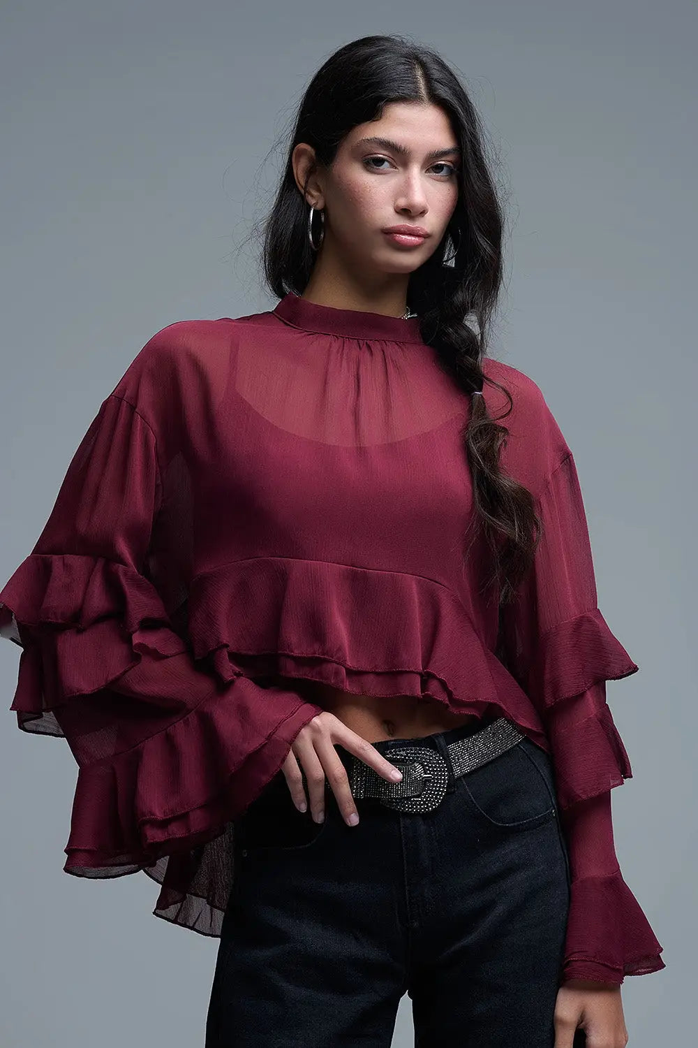 Q2 Sheer Cape-style Burgundy Blouse in chiffon With Ruffles