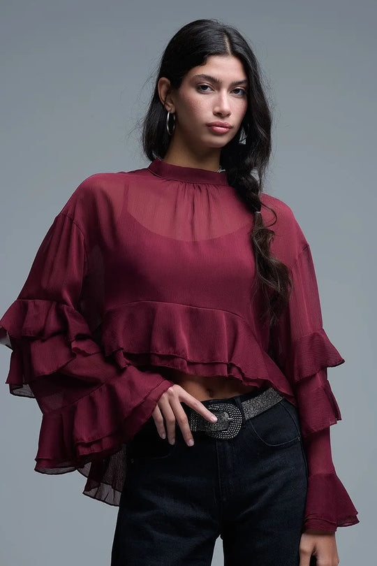 Q2 Sheer Cape-style Burgundy Blouse in chiffon With Ruffles
