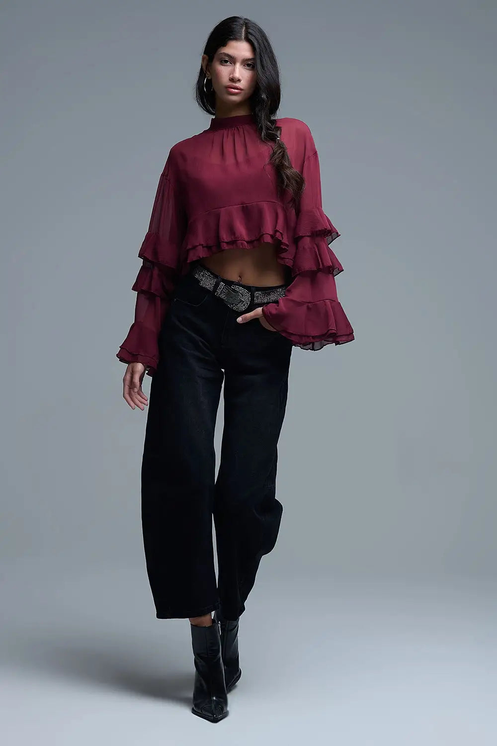 Sheer Cape-style Burgundy Blouse in chiffon With Ruffles - Shirts