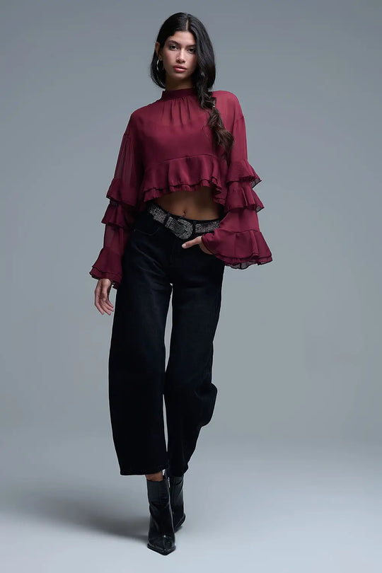 Sheer Cape-style Burgundy Blouse in chiffon With Ruffles - Shirts