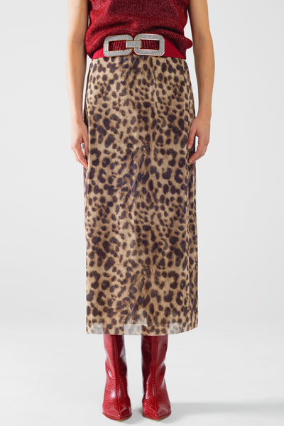 Q2 sheer long leopard print bodycon midi skirt