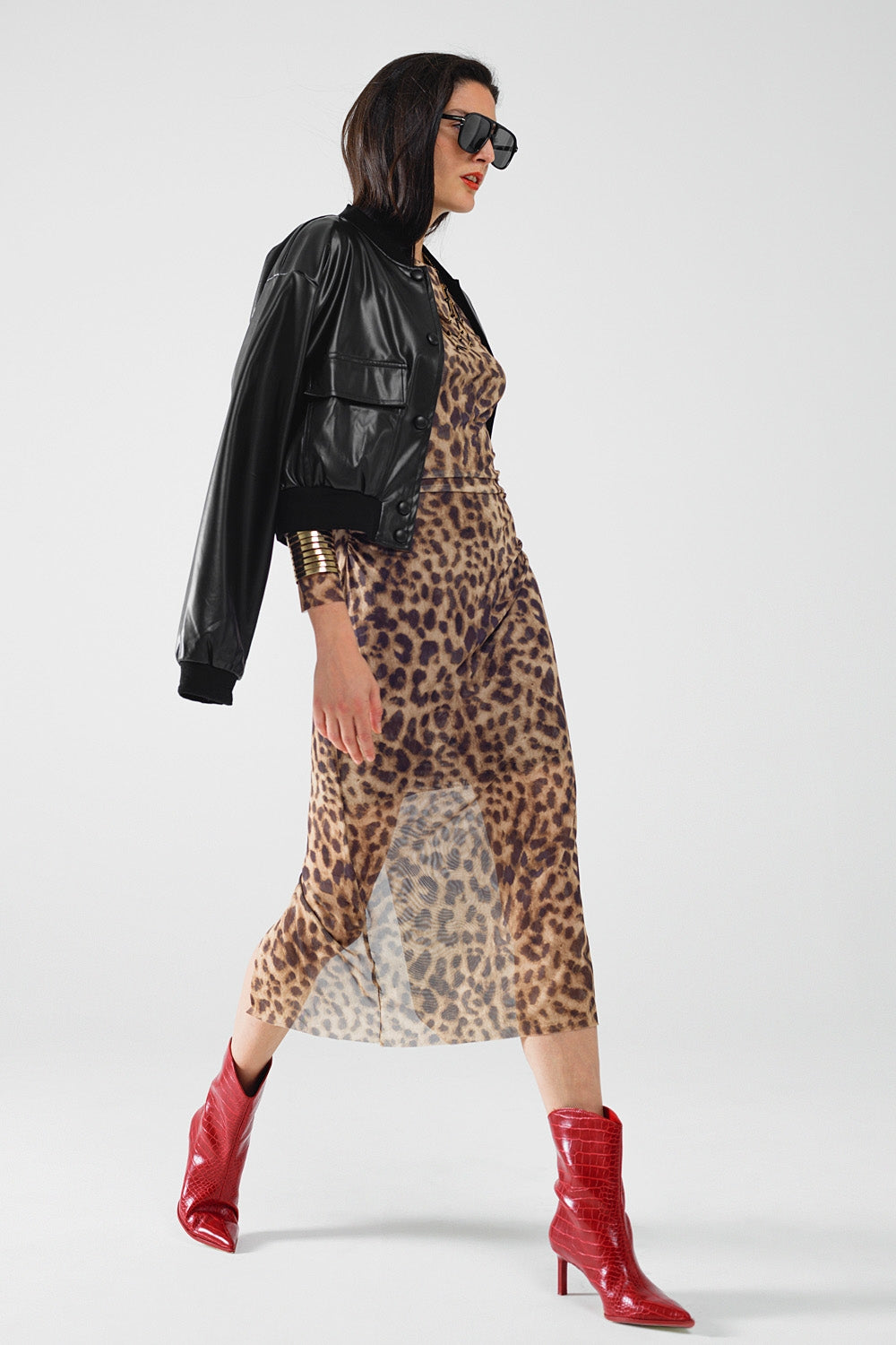 sheer long sleeve leopard print bodycon midi dress