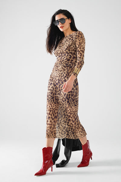 sheer long sleeve leopard print bodycon midi dress