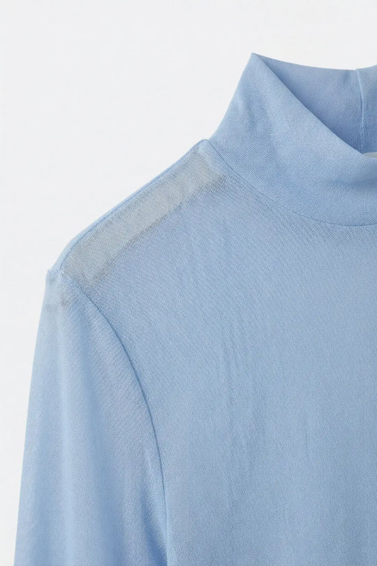 sheer mesh chiffon Long Sleeve Mock Neck Bodysuit in light blue - Tops