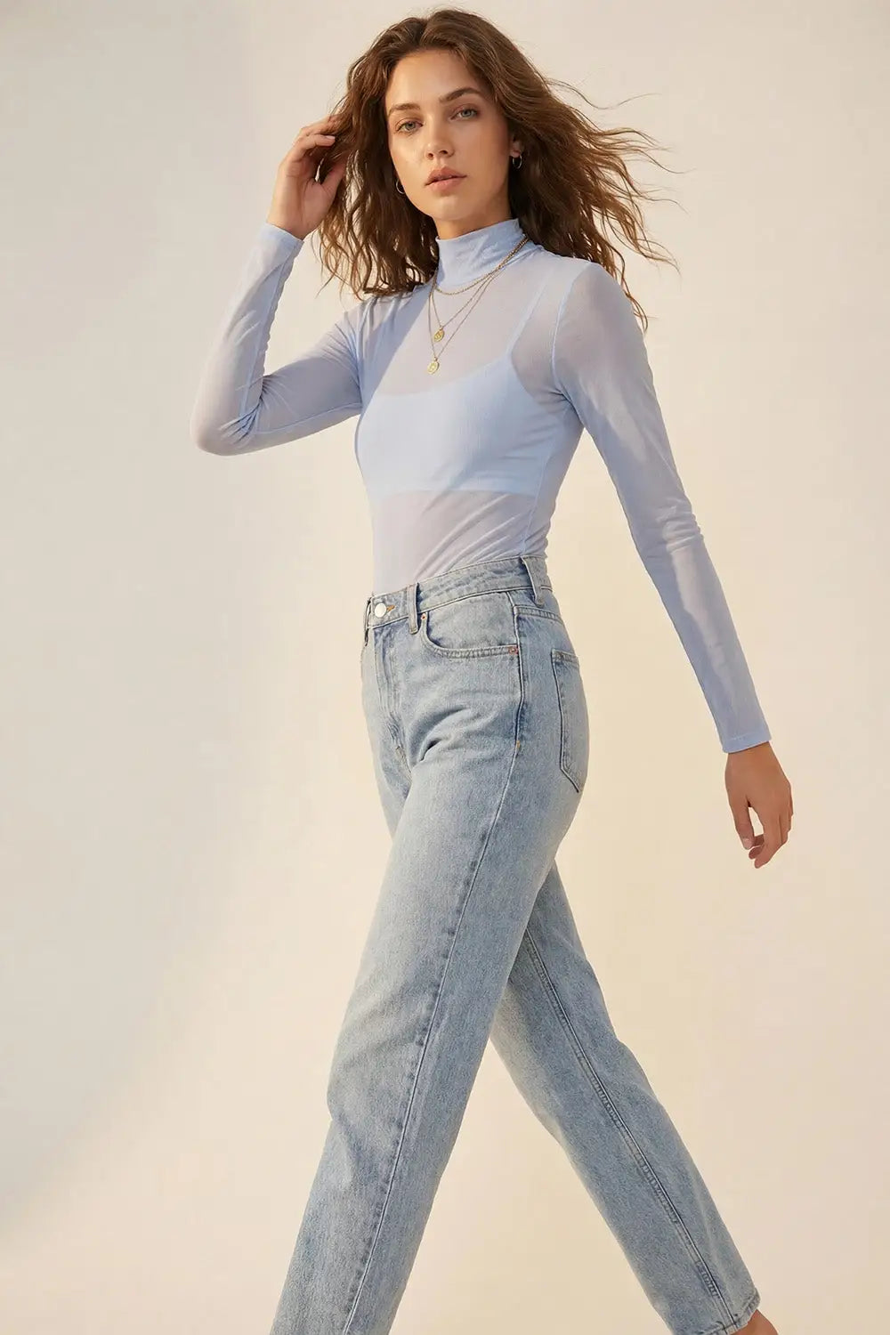 sheer mesh chiffon Long Sleeve Mock Neck Bodysuit in light blue - Tops