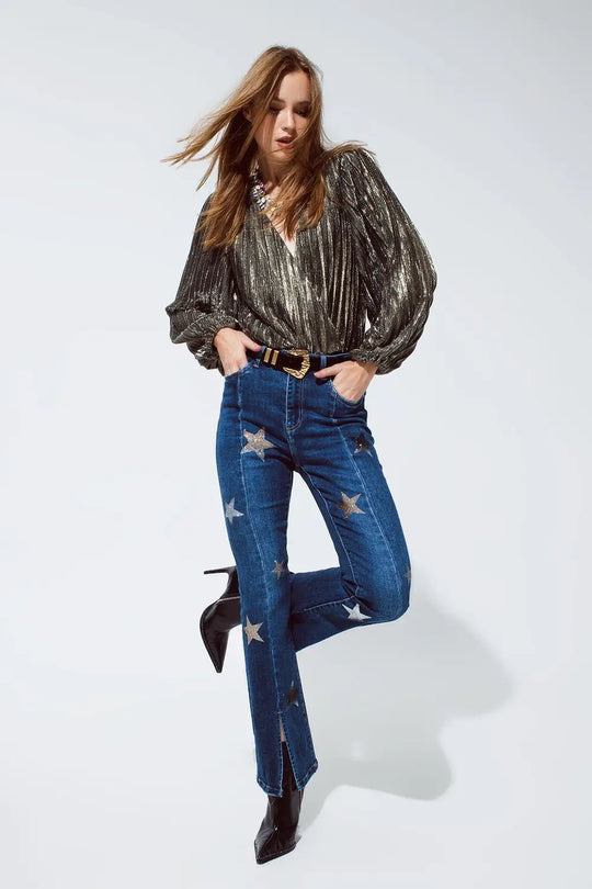 Shiny Glitter Body with Deep V Neck in gold - Tops