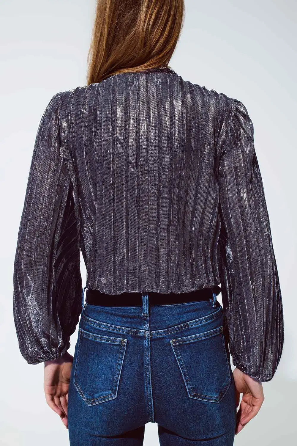 Shiny Glitter Body with Deep V-Neck in Silver - Tops