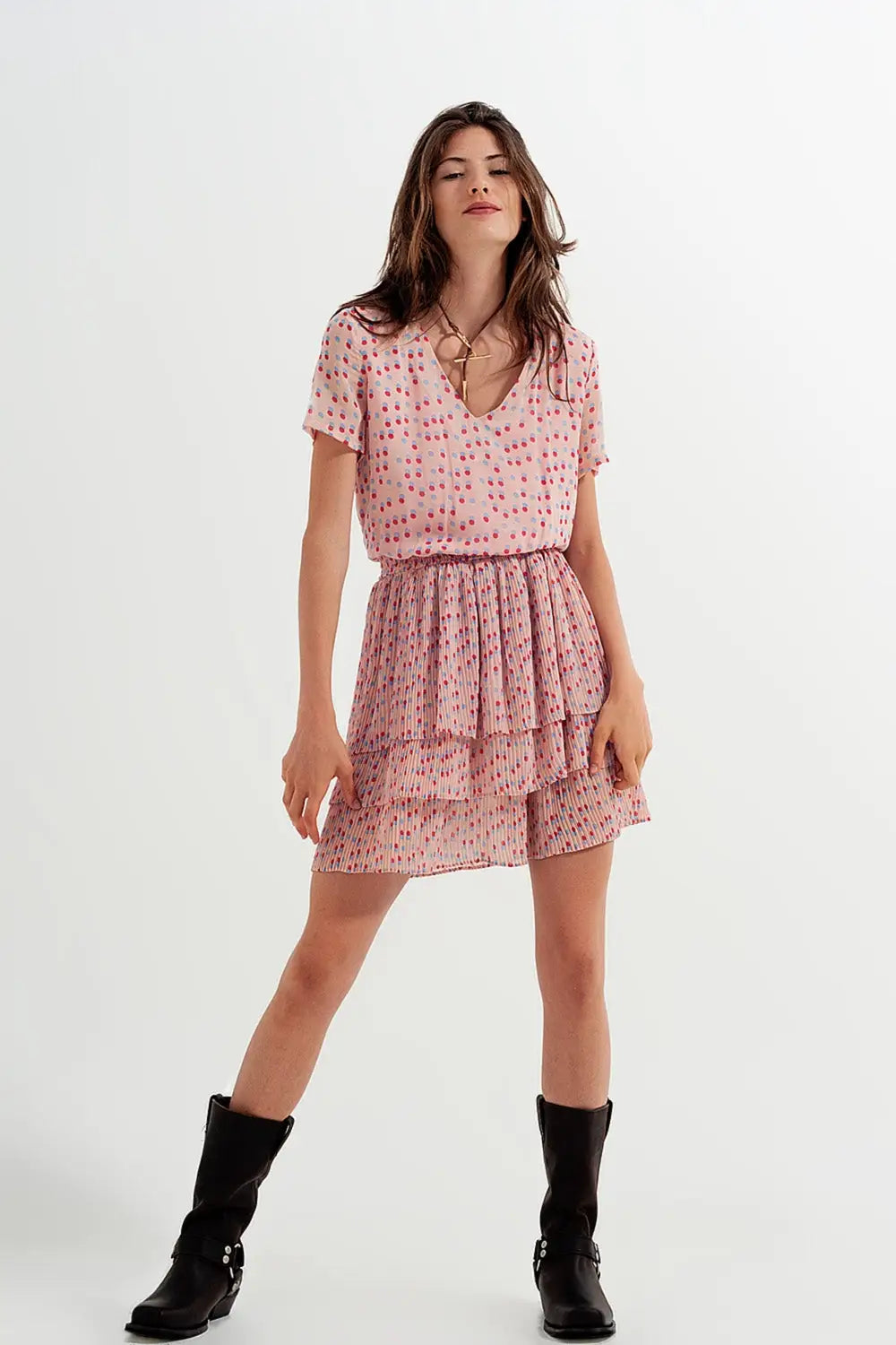 Shirred mini dress with peplum in pink - Dresses