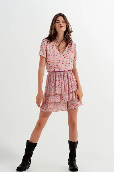 Shirred mini dress with peplum in pink - Dresses