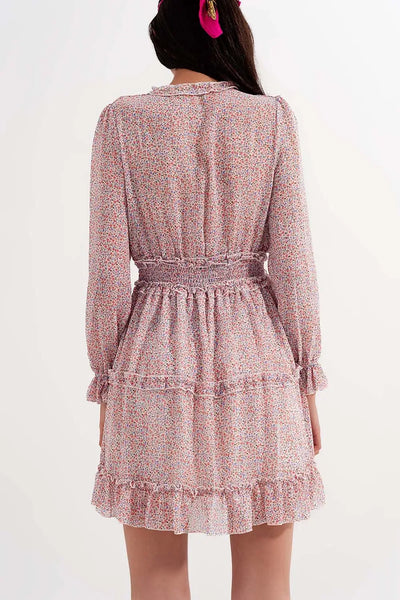 shirred mini skater long sleeve dress in pink floral - Dresses