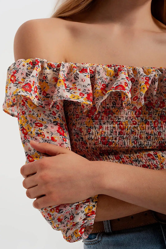 Shirred off the shoulder top with ruffle in coral floral print - Tops