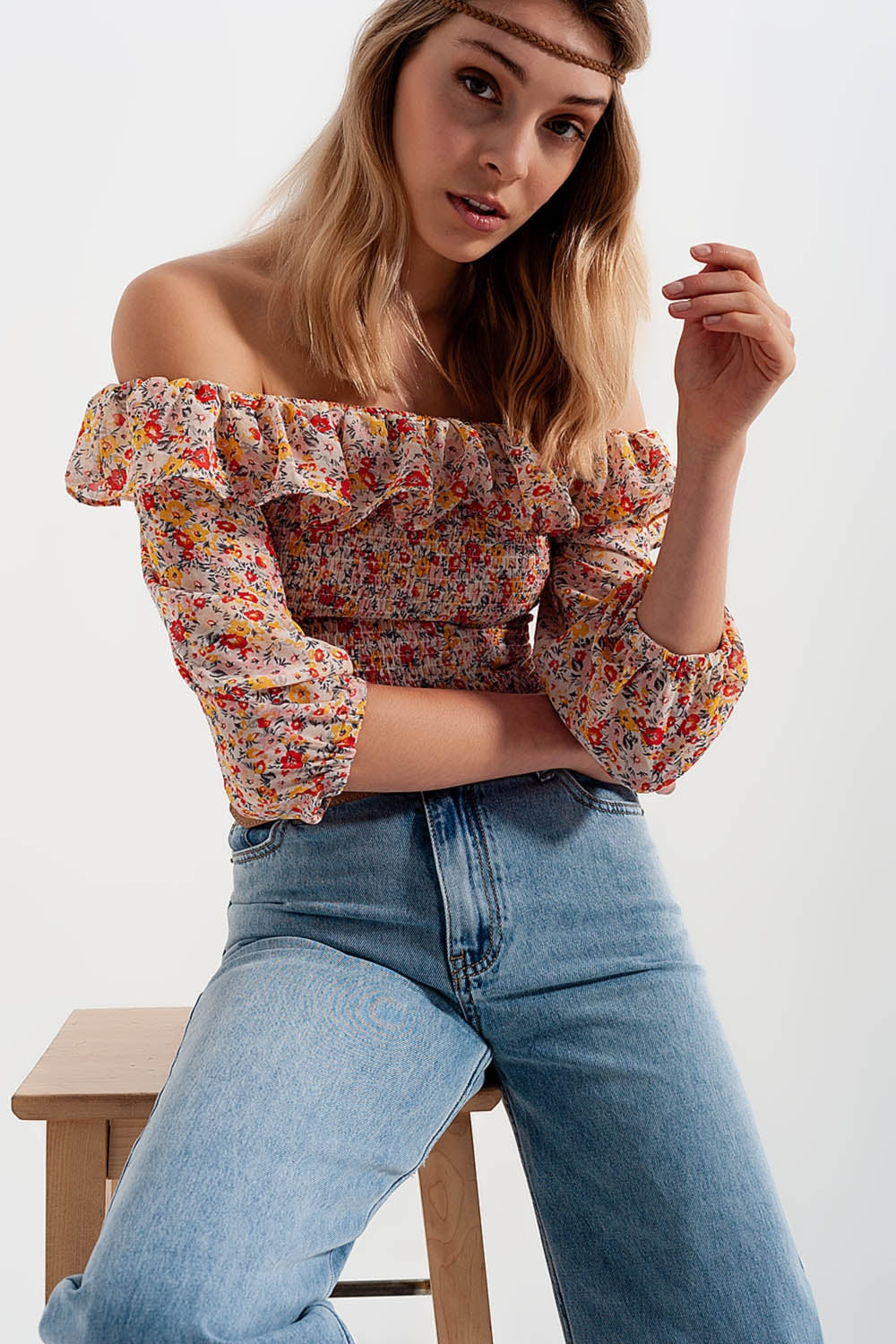 Q2 Shirred off the shoulder top with ruffle in coral floral print