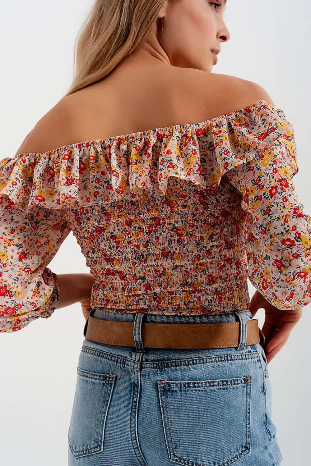 Shirred off the shoulder top with ruffle in coral floral print - Tops