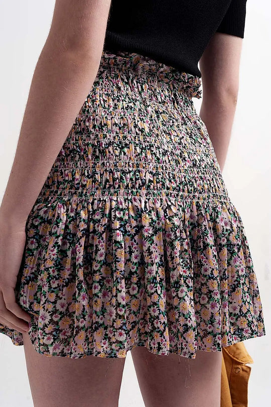 Shirred skater skirt co-ord in black ditsy floral - Skirts
