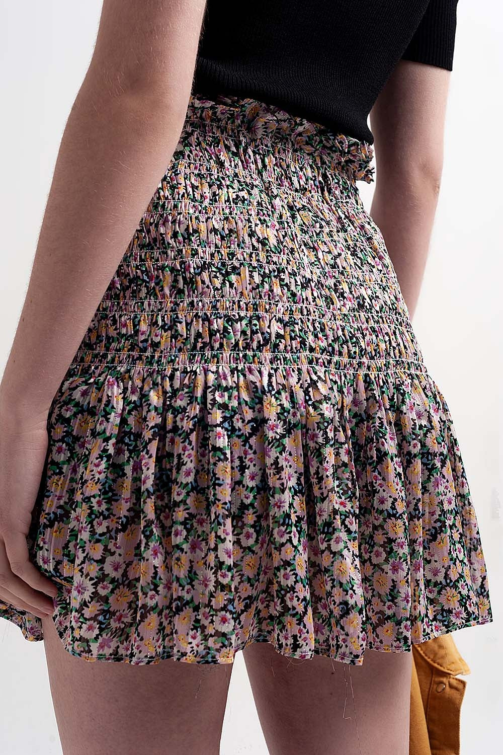 Shirred skater skirt co-ord in black ditsy floral