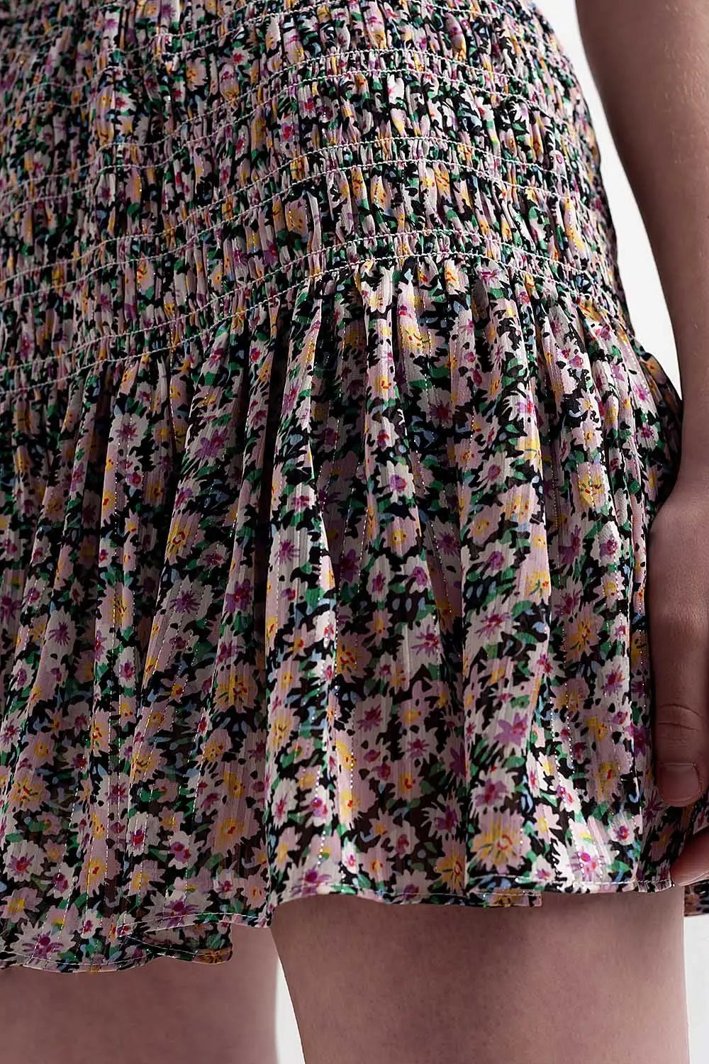 Shirred skater skirt co-ord in black ditsy floral - Skirts