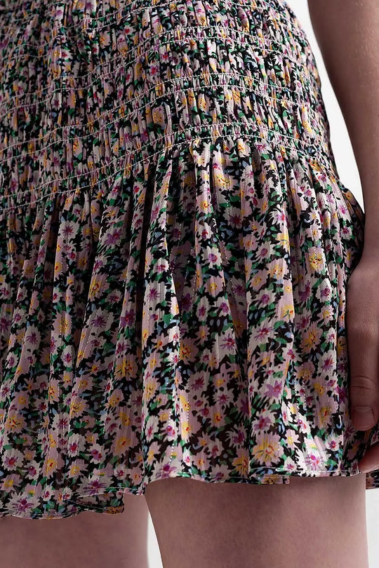 Shirred skater skirt co-ord in black ditsy floral - Skirts