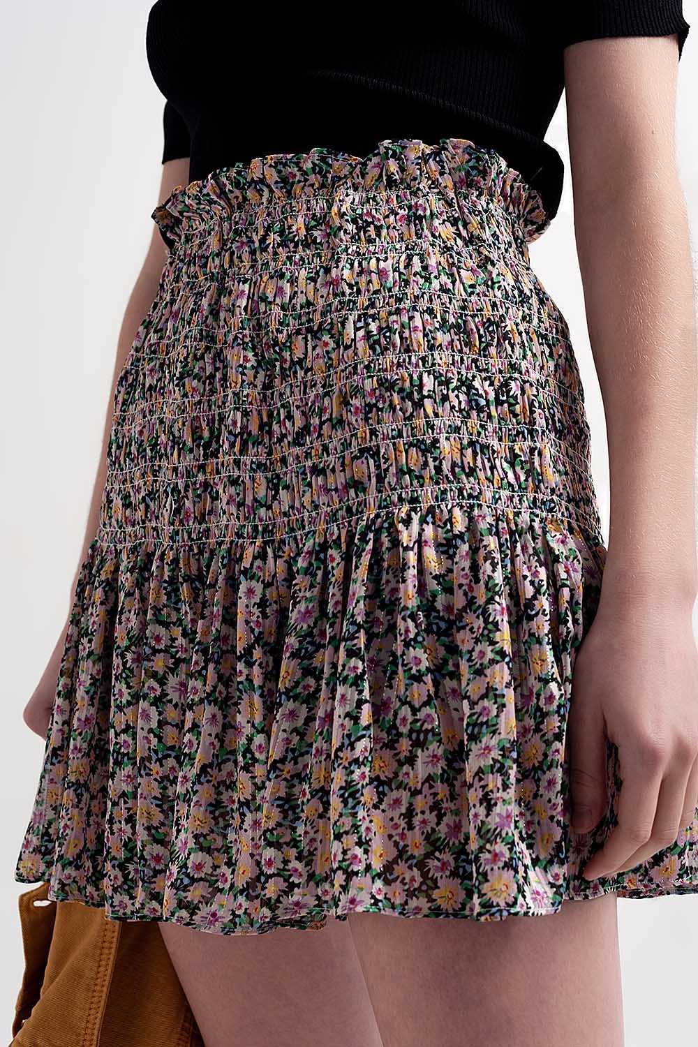 Shirred skater skirt co-ord in black ditsy floral