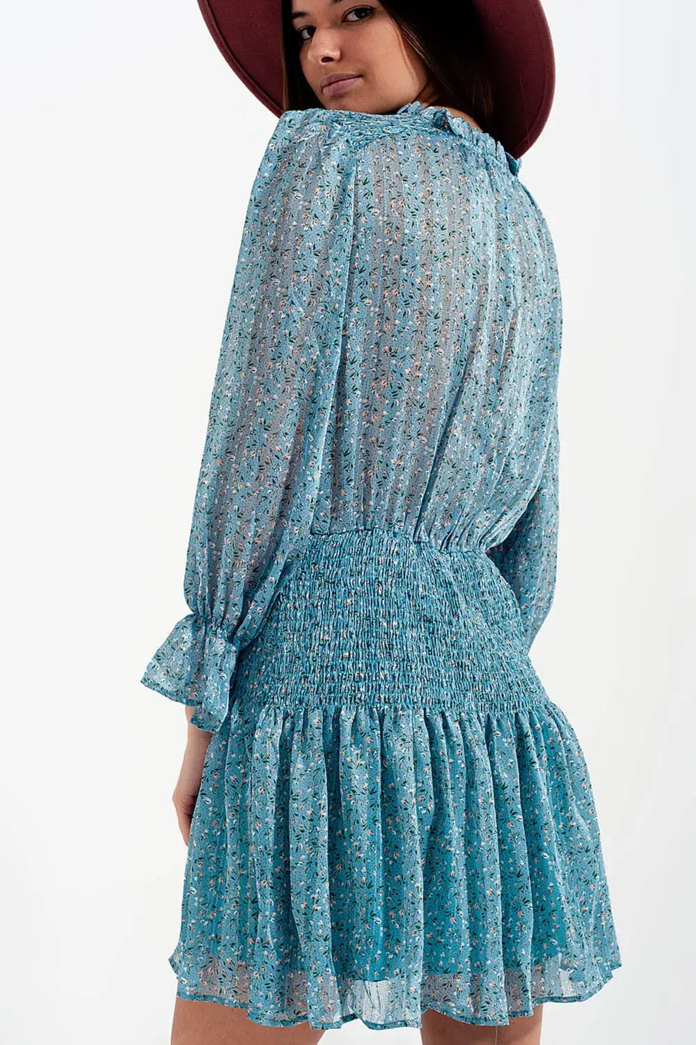 Shirred skirt mini dress with keyhole detail in turquoise - Dresses