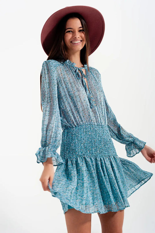 Shirred skirt mini dress with keyhole detail in turquoise - Dresses