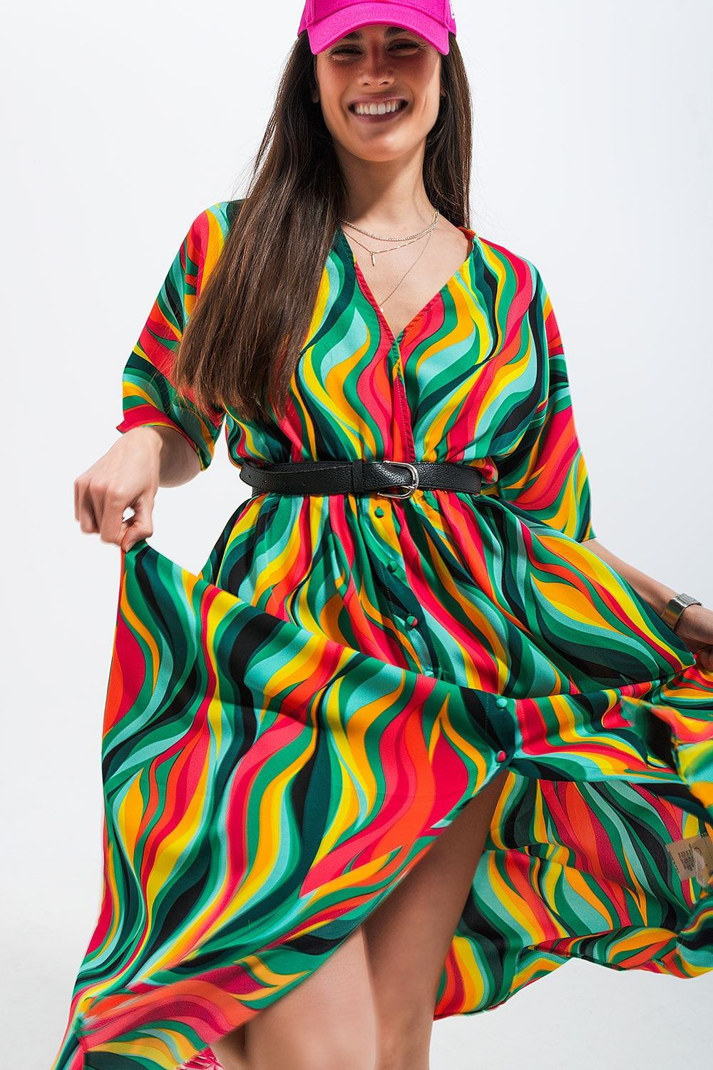 Shirt dress in green abstract swirl print