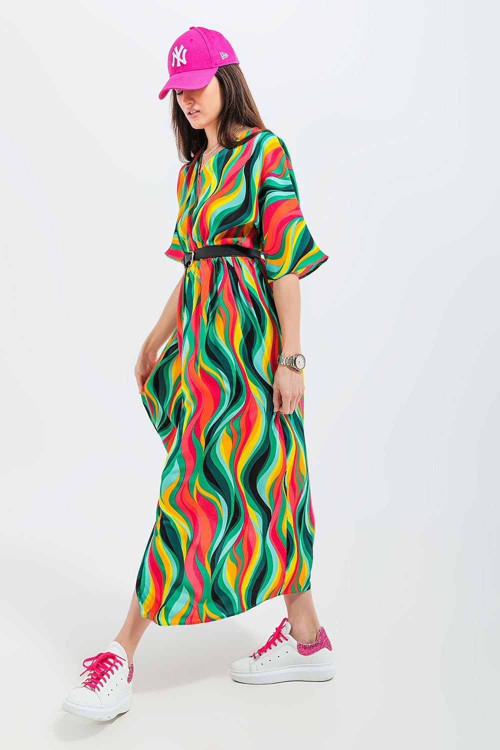 Shirt dress in green abstract swirl print