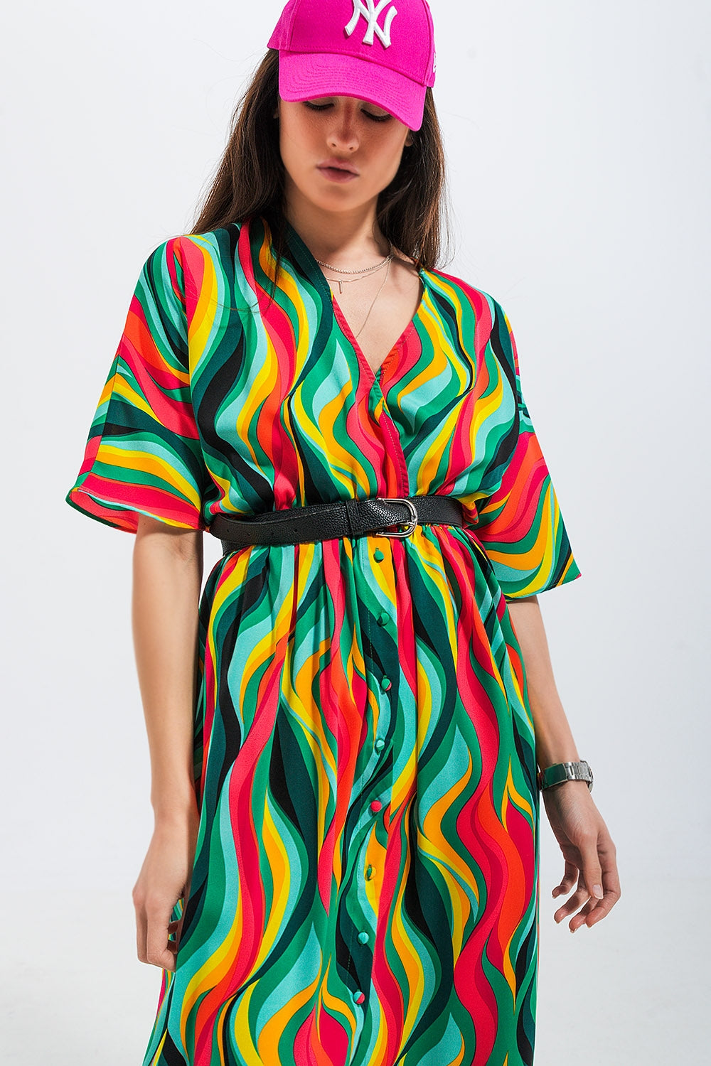 Shirt dress in green abstract swirl print