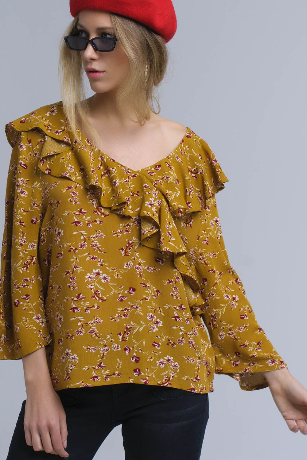 Shirt with crossed ruffles in mustard