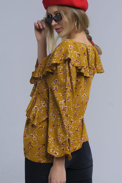 Shirt with crossed ruffles in mustard