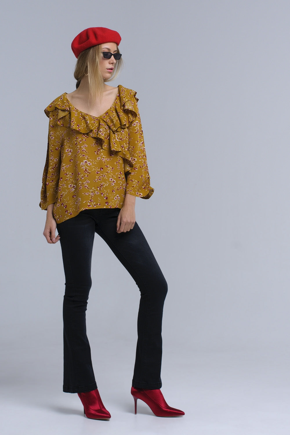 Shirt with crossed ruffles in mustard