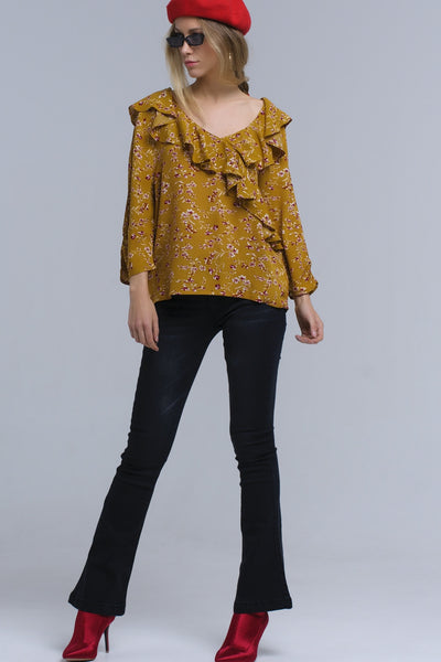 Shirt with crossed ruffles in mustard