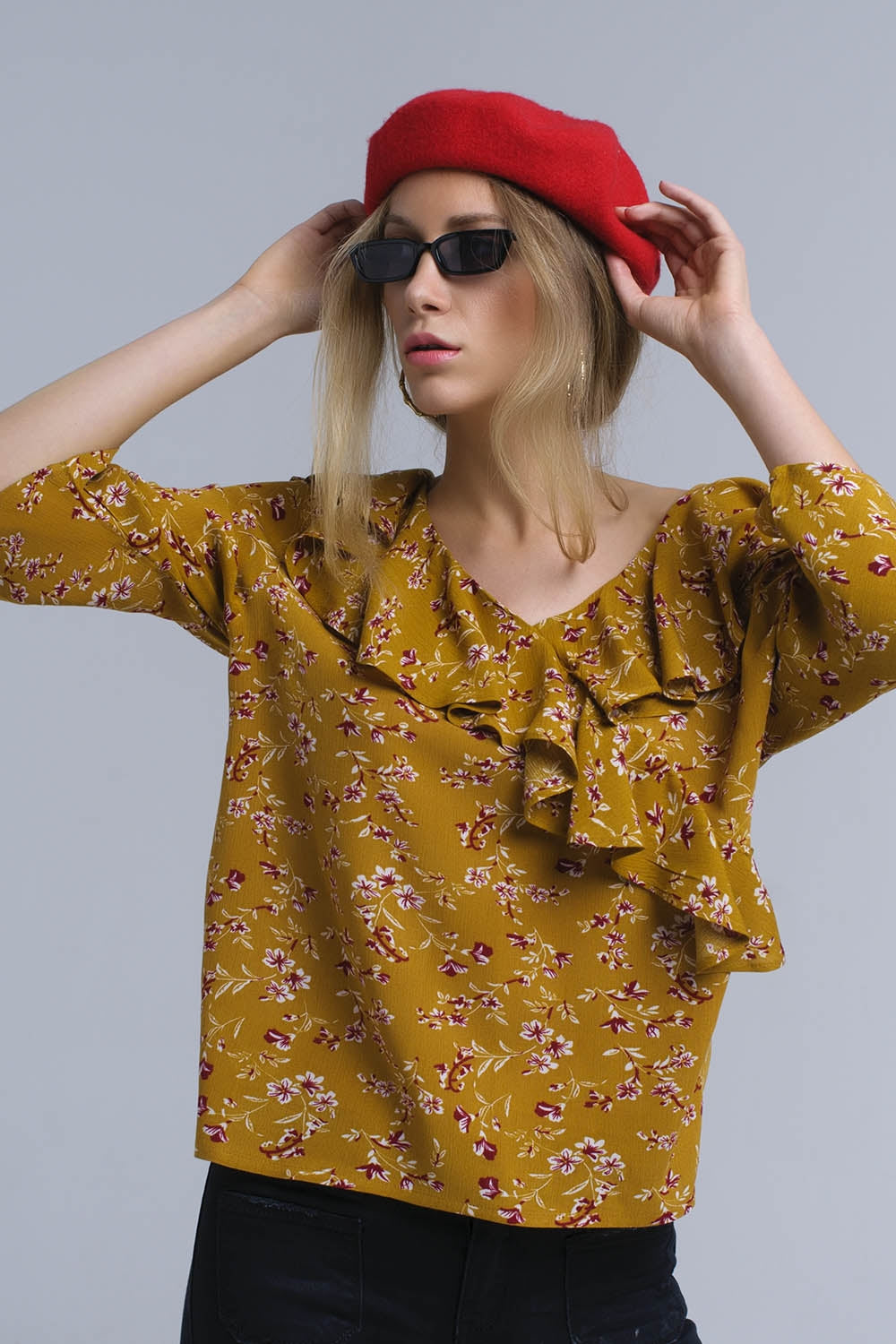 Shirt with crossed ruffles in mustard