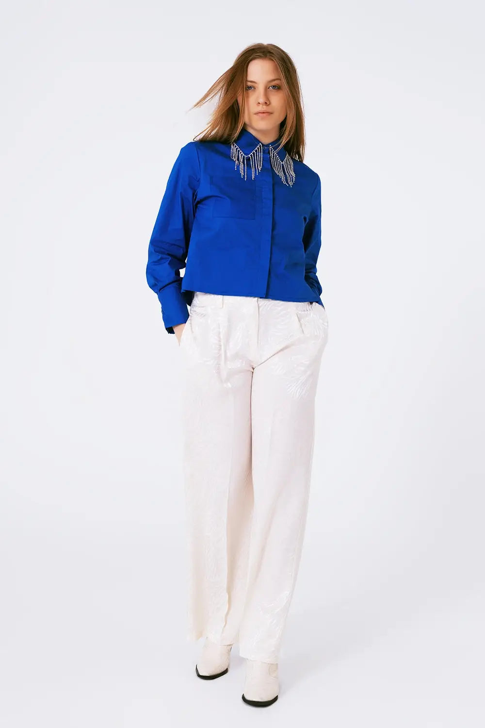 Shirt With Fringe strass Collar in blue - Shirts
