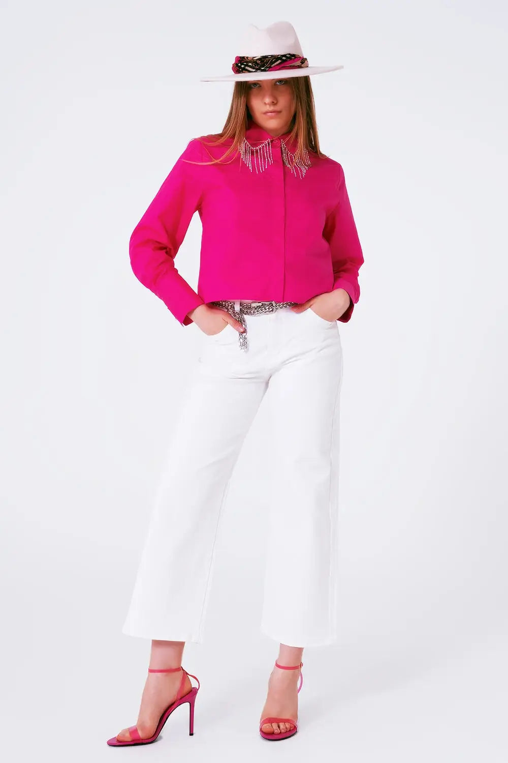 Shirt With Fringe strass Collar in Fuxia - Shirts