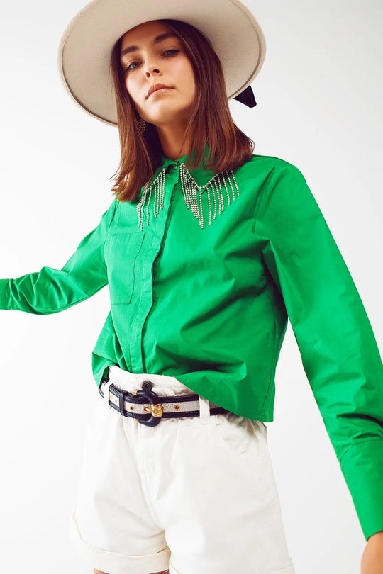 Shirt With Fringe strass Collar in Green - Shirts