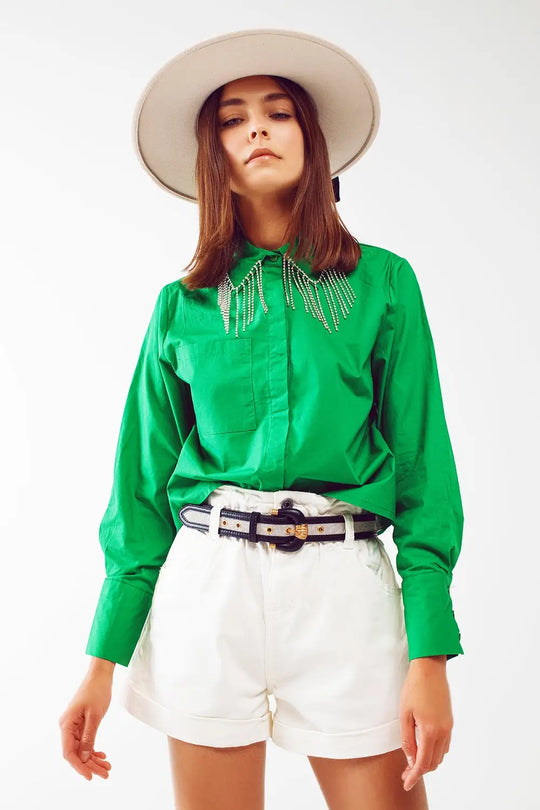 Shirt With Fringe strass Collar in Green - Shirts