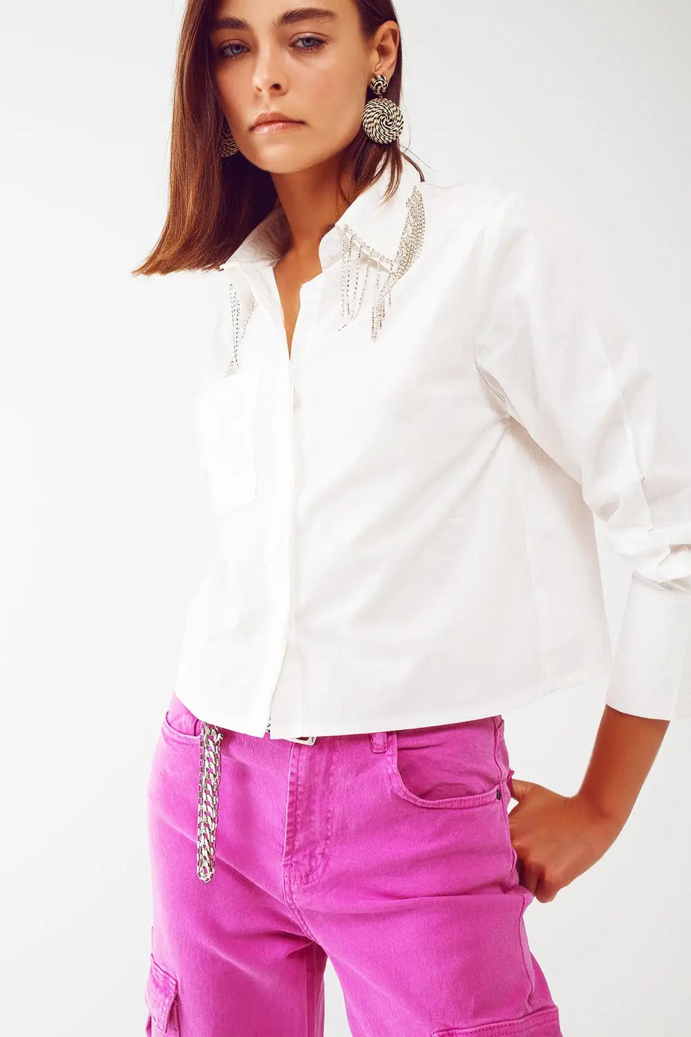 Shirt With Fringe strass Collar in White - Shirts