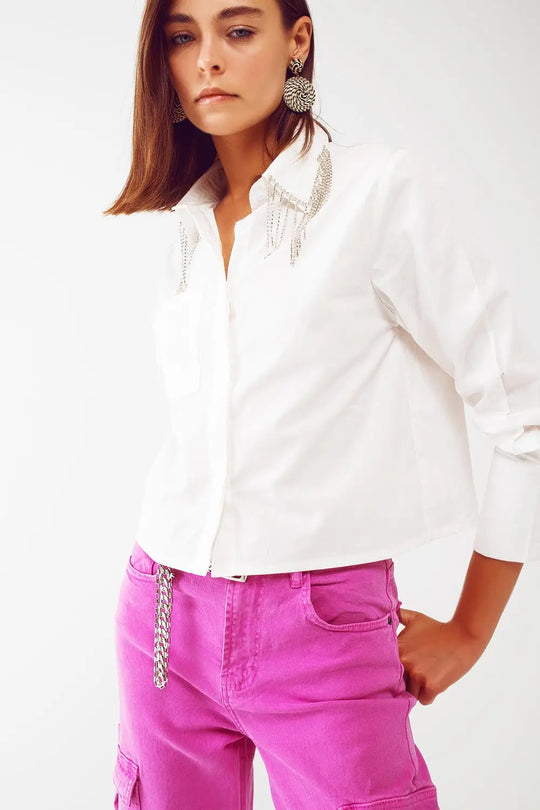 Shirt With Fringe strass Collar in White - Shirts