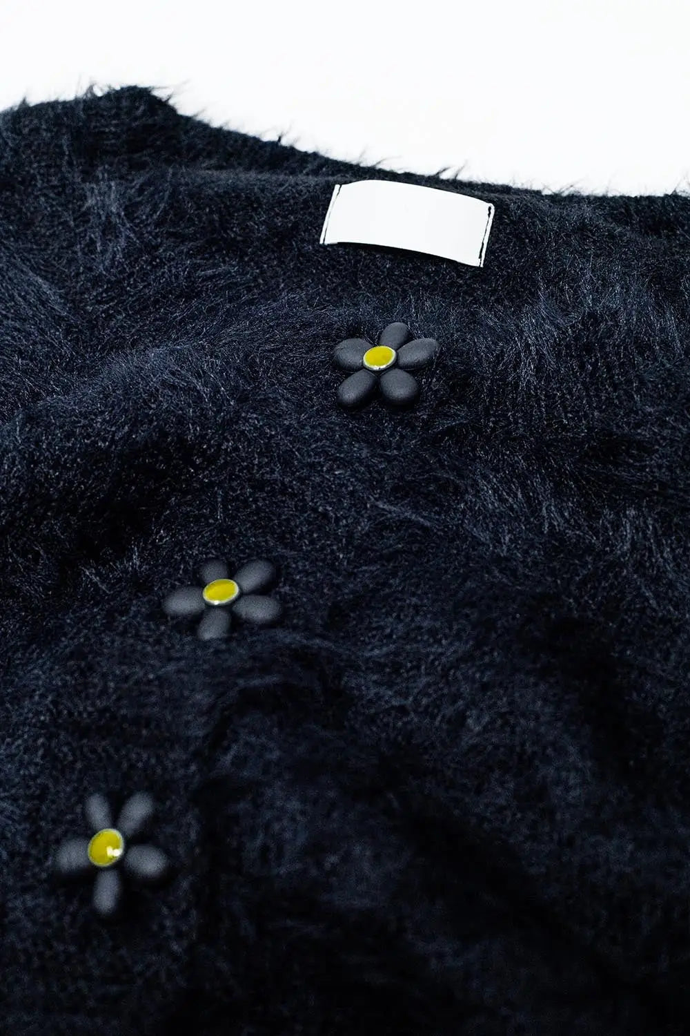 Short and fluffy black cardigan with flower buttons - One Size / Black - Sweaters