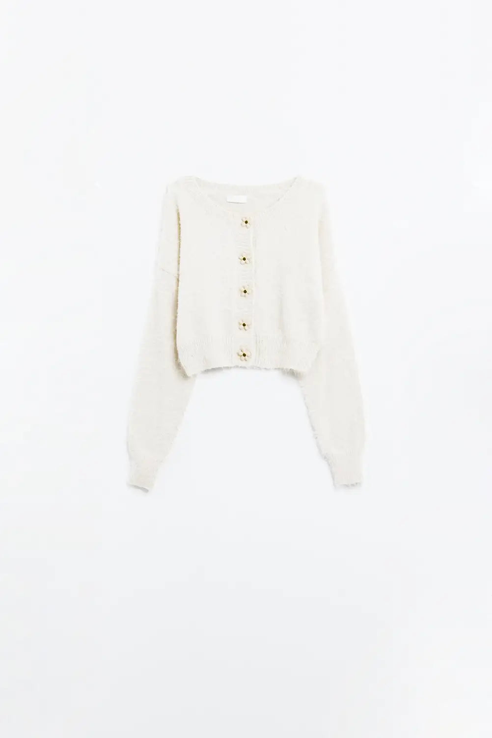 Short and fluffy cream cardigan with flower buttons - One Size / Beige - Sweaters