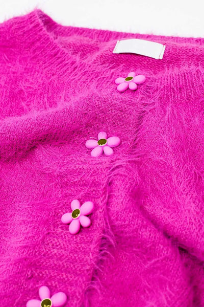Short and fluffy pink cardigan with flower buttons - One Size / Fuchsia - Sweaters