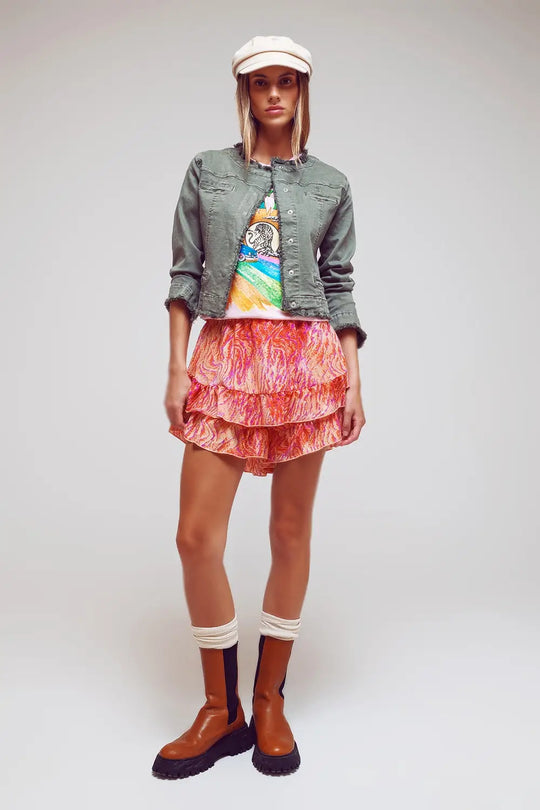 Short avec ourlet à volants à imprimé zèbre abstrait en orange et fuchsia - Pantalons