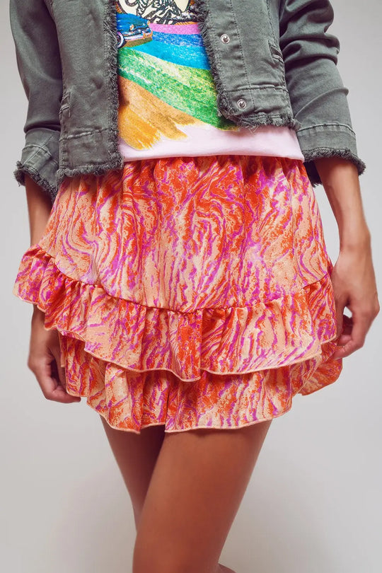 Short avec ourlet à volants à imprimé zèbre abstrait en orange et fuchsia - Pantalons